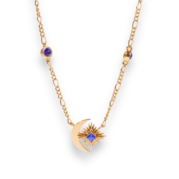Last Week of Closet! NWT 18K Gold Plated Star Moon Blue Sapphire Necklace 18” - Picture 14 of 16